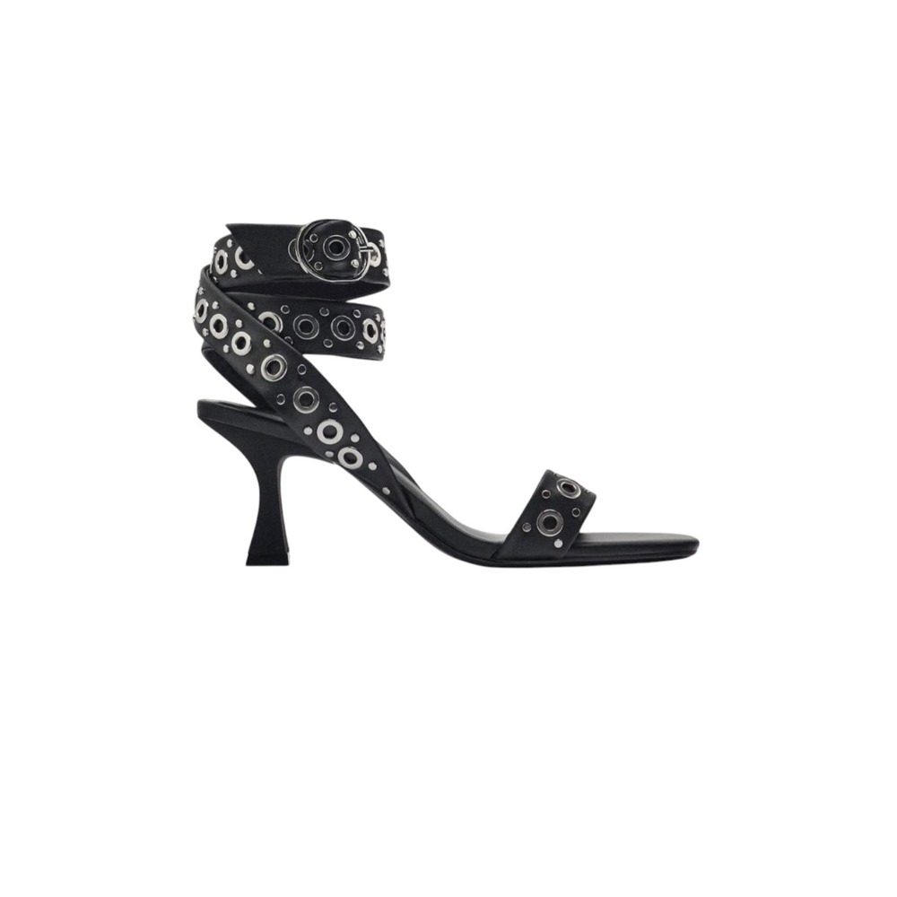 Zara Sandals  Size 40 Black Grommet Studded Ankle Wrap Kitten Heel Edgy Punk